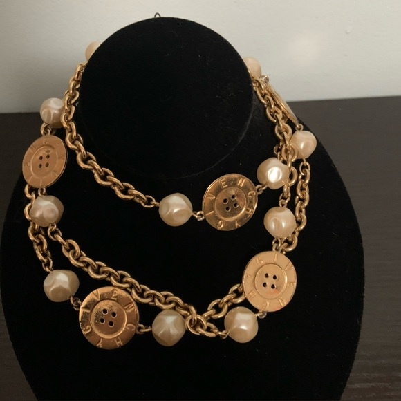 Givenchy Jewelry - Vintage 80’s Givenchy Faux Pearl & Logo Button Gold Tone Long Necklace